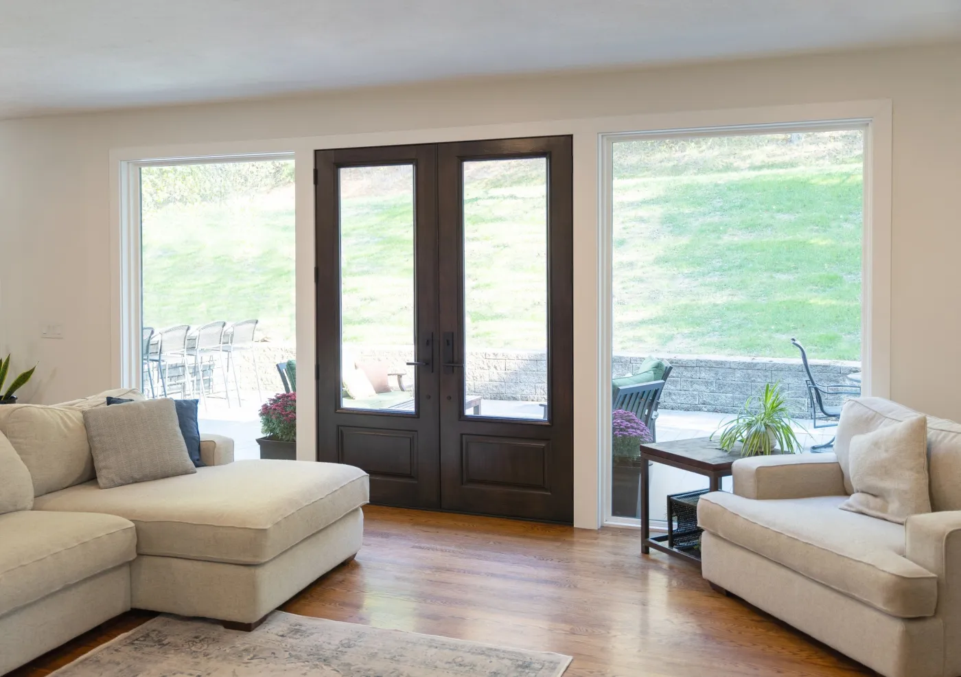 8 foot provia signet cheery french door coffee bean paired with two picture windows 8 foot provia signet cheery french door coffee bean paired with two picture windows