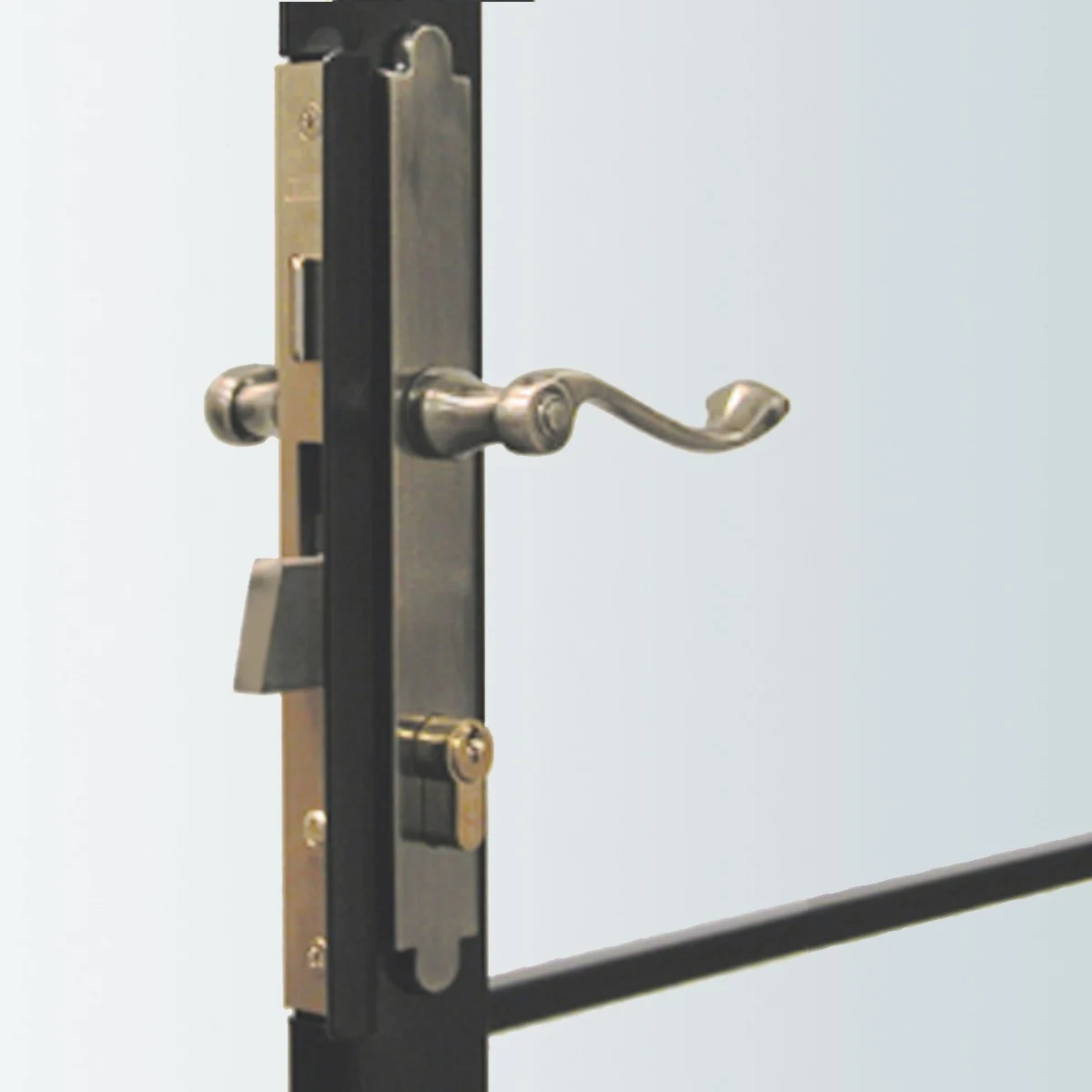 A close-up of a Home Guard security door’s heavy-duty mortise lock and decorative handle. The full 1-inch throw deadbolt provides reinforced protection, while the elegant hardware finish highlights how security and style come together in every Home Guard door installed by Window King.