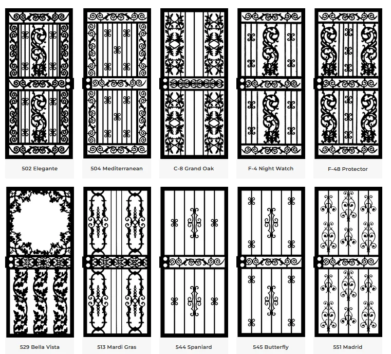 A selection of decorative Home Guard security door designs, including patterns like Elegante, Mediterranean, Grand Oak, Bella Vista, and Madrid. Each features ornate wrought iron scrollwork and geometric detailing, showcasing the wide variety of customization options available to NY Metro and Tri-State homeowners.