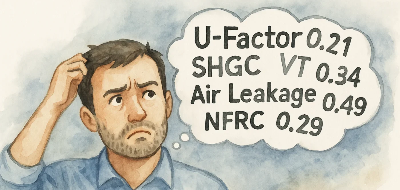 How To Read A Window’s NFRC Label| Window King | NY Metro Watercolor illustration of a man scratching his head while thinking of the confusing numbers and terms of an NFRC window label