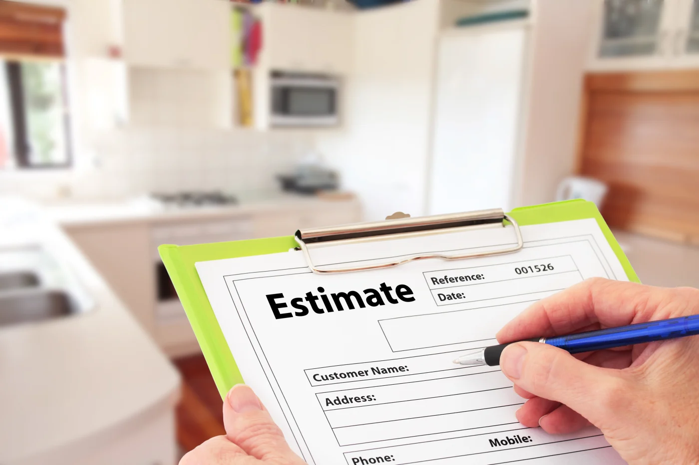 Clipboard with an estimate form being filled out in a home setting, reflecting the detailed, transparent quotes homeowners receive for their window or entry door project.