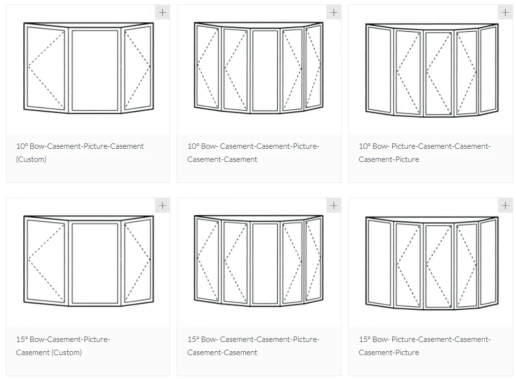 Six Bay & Bow window configuration diagrams offered by OKNA. Each layout varies in window angle (10° or 15°) and the arrangement of casement and picture windows. The line drawings illustrate how each window type is positioned within the overall structure, offering NY Metro homeowners visual guidance on customizing their window system to match their style, ventilation needs, and architectural preferences.