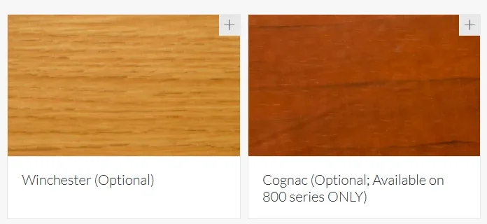 Six interior color and finish options for OKNA Bay and Bow windows. The top row features solid tones including Euro-White (Standard), Almond (Optional), and Natural (Optional; available on 800 series only). The bottom row presents woodgrain-style finishes: Winchester (Optional), Cognac (Optional; available on 800 series only), and Melrose Cherry (Optional).