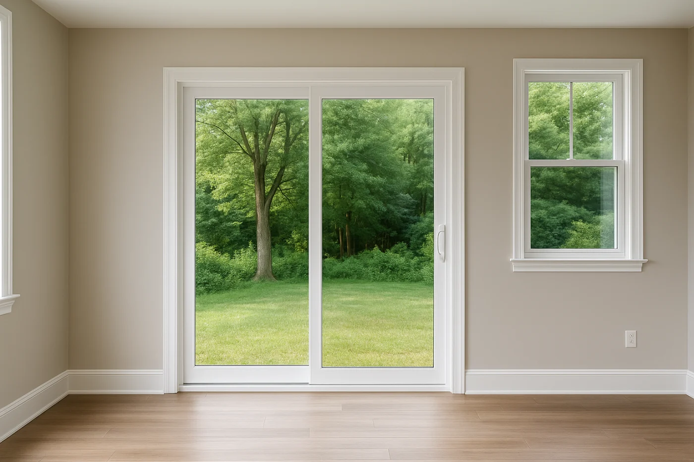 OKNA Patio Door Installation & Replacement | NY Metro, Tri-State | Window King A bright, modern interior featuring a white sliding patio door with clean trim. The door opens to a lush, green backyard with tall trees, giving the room a natural, serene backdrop. Light oak flooring and soft beige walls complete the simple, elegant space.