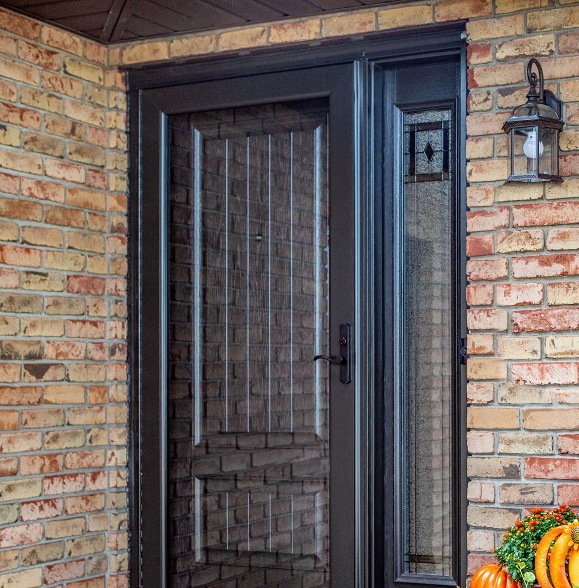 A ProVia storm door with a full-view glass panel and decorative vertical grille design, set within a dark frame. The door is installed on a brick entryway alongside a matching sidelight with patterned glass. A porch light and seasonal decor are visible nearby