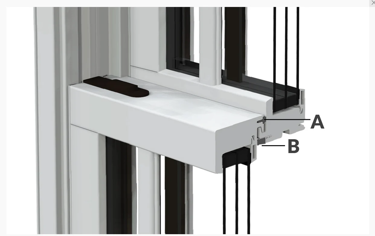 A detailed cutaway rendering of a Starmark Evo window, highlighting its advanced construction for energy efficiency and durability. The frame’s cross-section reveals multiple internal chambers and reinforced materials, with labels “A” and “B” pointing to key components. The triple-pane insulated glass unit sits securely within the robust composite frame, while precision seals and weatherstripping create a tight barrier against drafts.