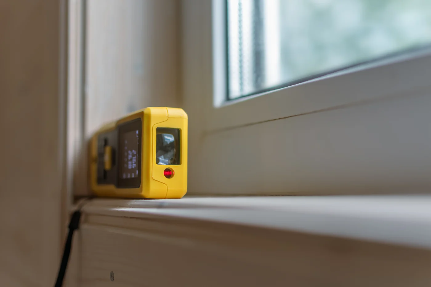 A close-up of a yellow laser measuring device positioned against the frame of a window. The tool’s digital display and red laser indicator suggest precise measurement in progress, a crucial step for ensuring a perfect fit during installation. The crisp white window frame and light wood trim reflect a clean, professional workspace, emphasizing the accuracy and care taken by skilled installers to achieve a flawless, lasting finish.
