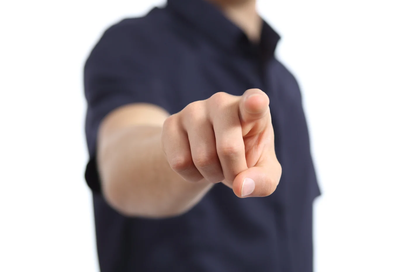 A close-up of a person pointing directly at the camera, emphasizing personal connection and responsibility toward the homeowner.