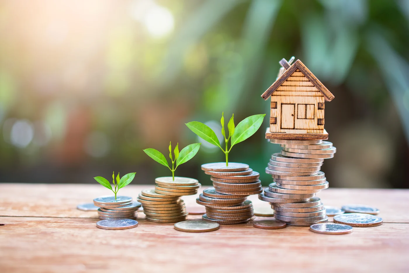 Window & Entry Door Replacement Financing | Ny Metro | Window King Stacks of coins with small green plants sprouting from them, symbolizing growth and affordability, lead up to a wooden model house resting on the tallest stack. The scene conveys savings, smart investment, and financial growth in home improvement projects.