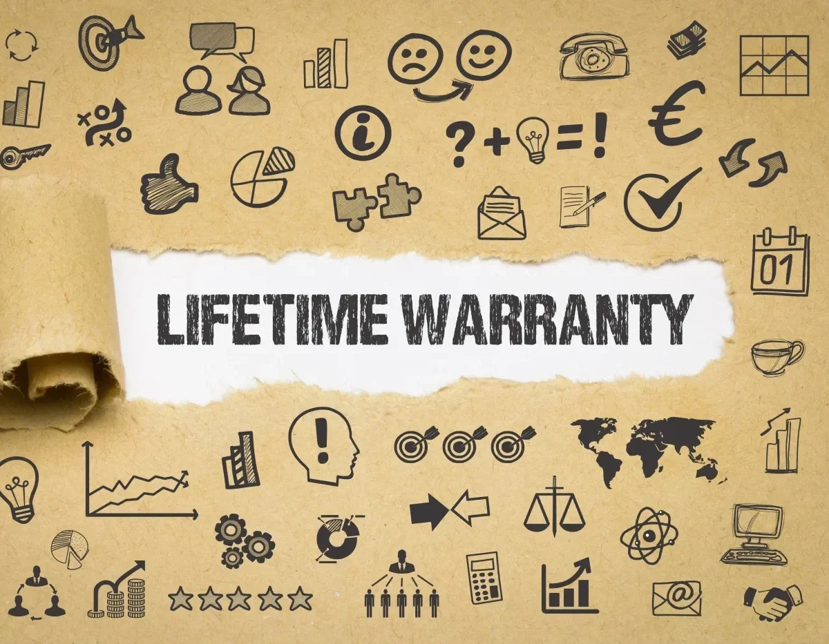 A torn-paper design reveals the bold words “LIFETIME WARRANTY” beneath a surface filled with black hand-drawn business icons—like charts, gears, checkmarks, and stars. It visually captures the promise of protection and peace of mind that comes with Window King’s lifetime workmanship warranty on every NY Metro window installation.