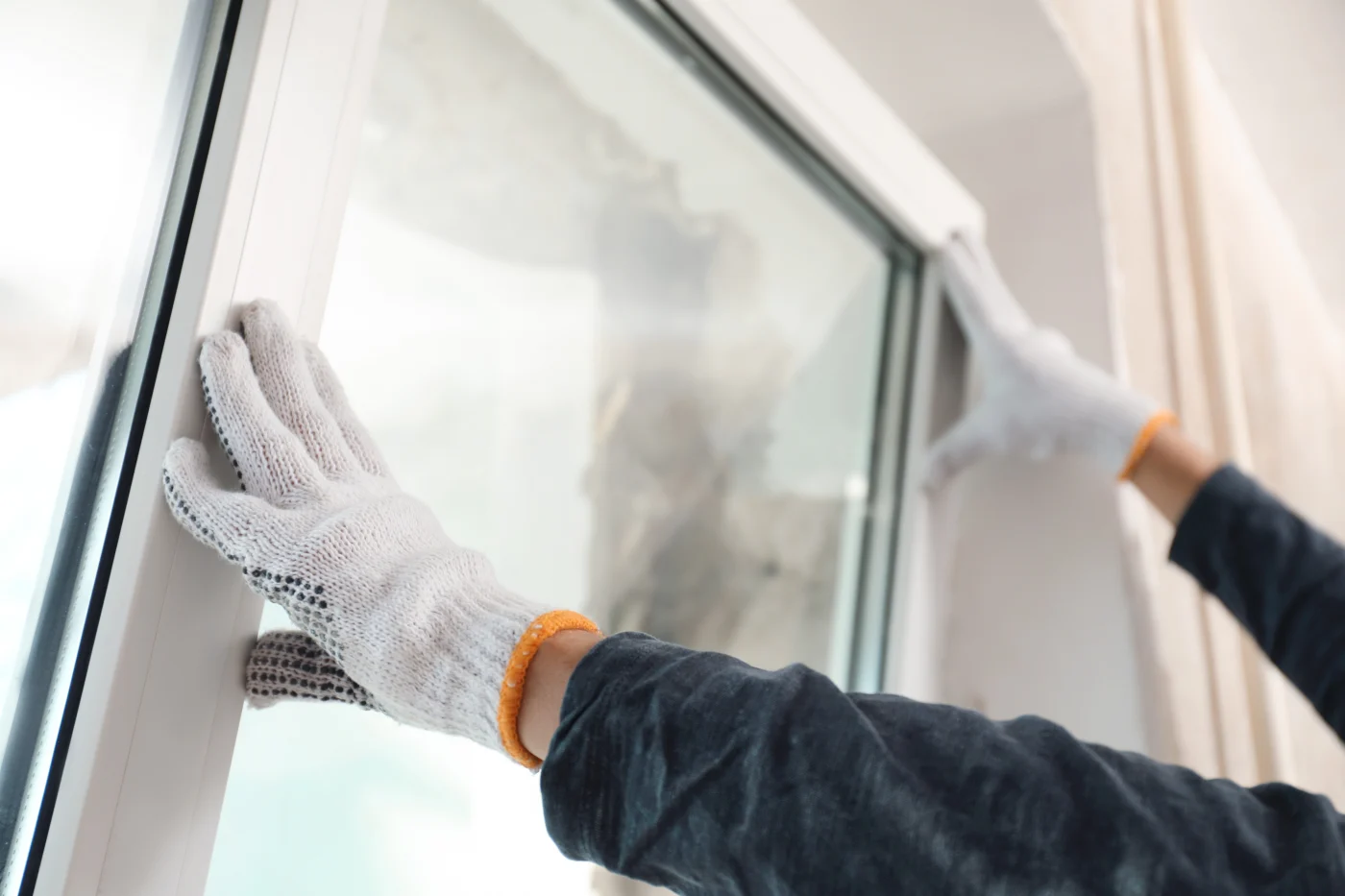 Elite Workmanship – Windows & Entry Doors – NY Metro, Tri-State Region Close-up of a window installer’s gloved hands carefully setting a new window into place. The white-framed window is being aligned with precision, capturing the focus and craftsmanship that define elite workmanship. The soft natural light and neutral background emphasize the clean, professional install taking place—ideal for representing quality window and door work in the NY Metro and Tri-State area.
