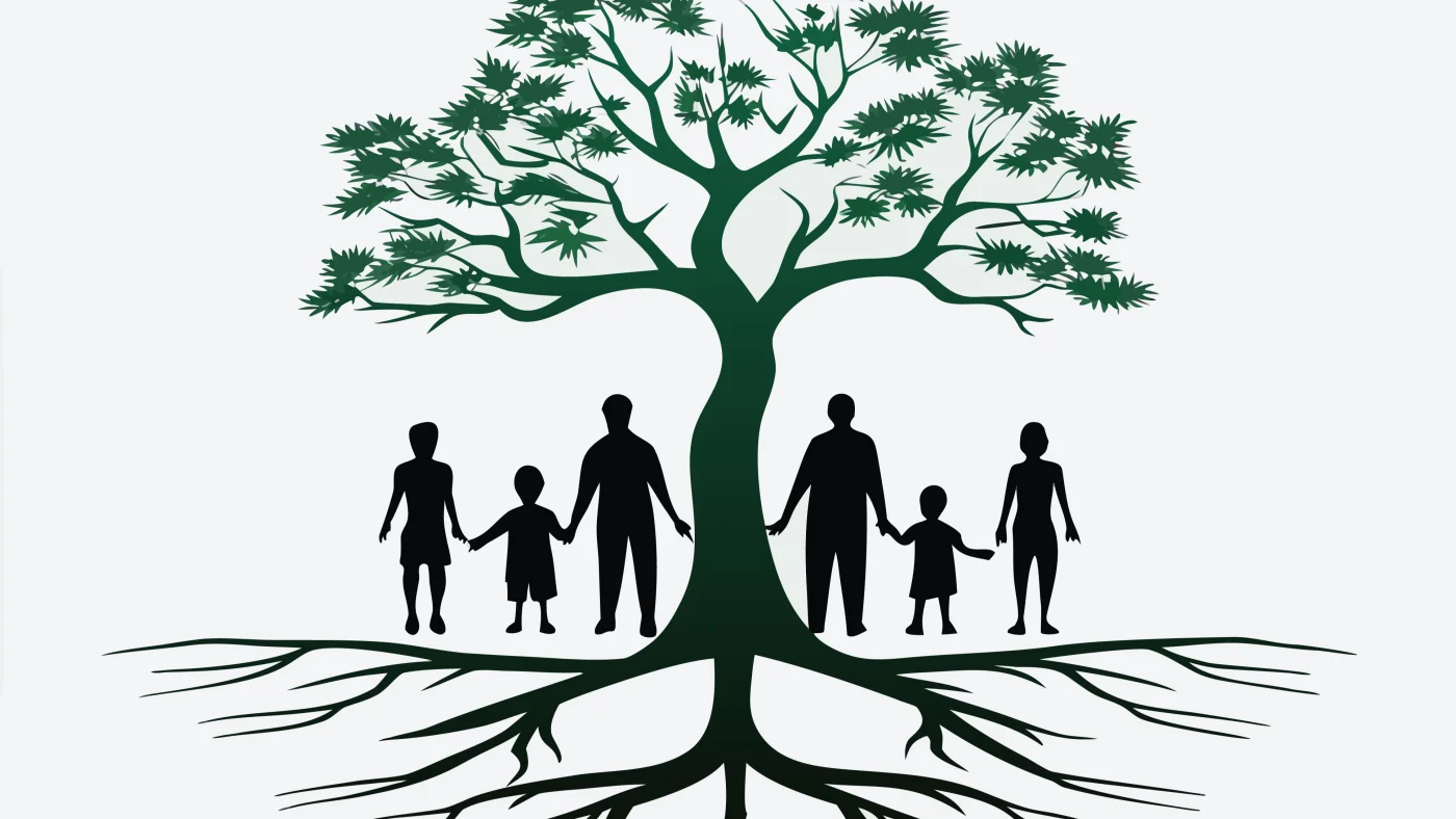 Rooted In Family Values | Forged In the Bronx | Strong, Loyal Company Culture | Window King Illustration of a family standing hand-in-hand beneath a large tree with deep roots, symbolizing Window King’s foundation in family values, generational legacy, and a culture of loyalty that continues to grow stronger with every project.