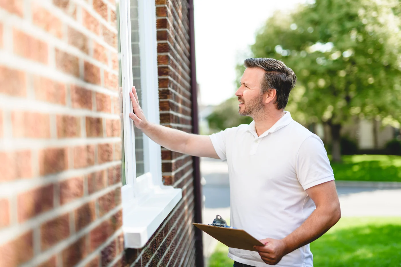 Window King – Elite Workmanship With Lifetime Warranty Protection – NY Metro A project supervisor inspects a newly installed window on a brick home, clipboard in hand. His careful check reflects the detailed oversight and accountability that define elite workmanship.
