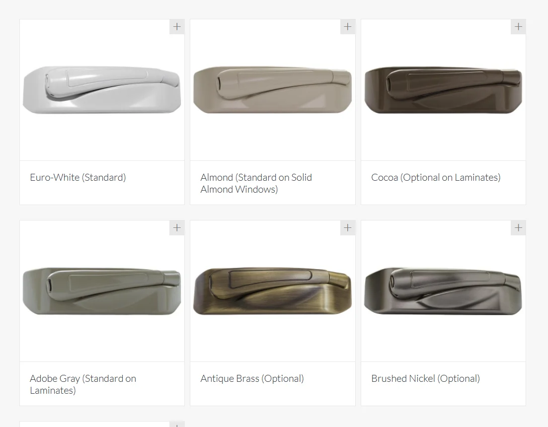 A range of OKNA window hardware finish options, including Euro-White, Almond, Cocoa, Adobe Gray, Antique Brass, and Brushed Nickel. Each handle showcases OKNA’s focus on both form and function—offering smooth, reliable operation with stylish, customizable finishes. It reinforces Window King’s commitment to providing windows that not only perform effortlessly but look great doing it.
