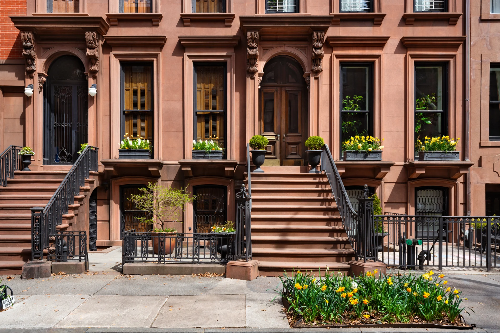 A row of townhomes with one with an elegant brown entry door.