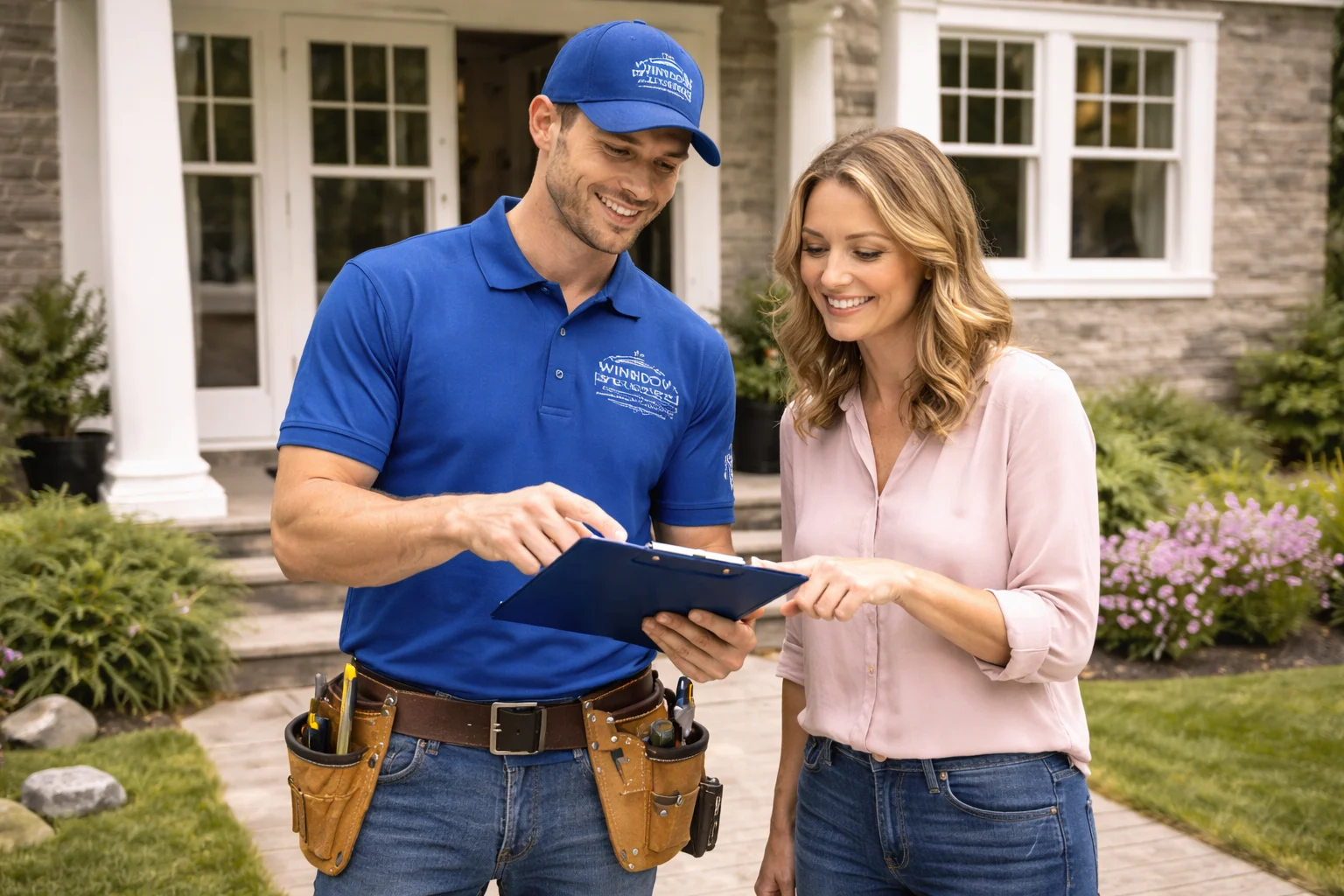 Honest Professionalism Window Replacement Ny And Nj Window King Window King installer discussing window replacement plans with a female homeowner in front of her home, reviewing details on a clipboard in a friendly, professional manner.