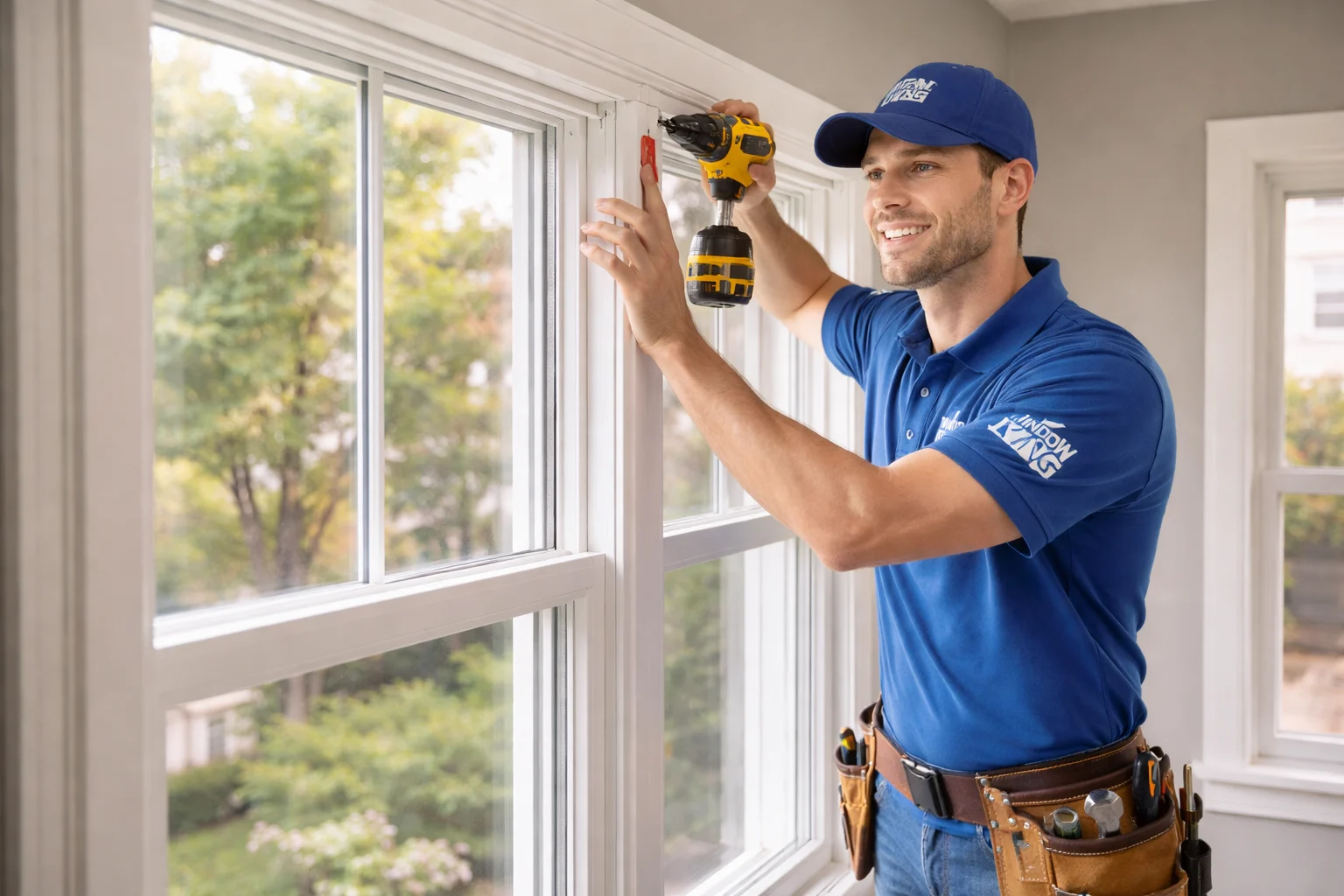 Professionalism Without The Sales Pressure Window Installation Ny And Nj Window King Window King installer professionally installing new replacement windows inside a home, carefully securing the window frame with precision tools and attention to detail.