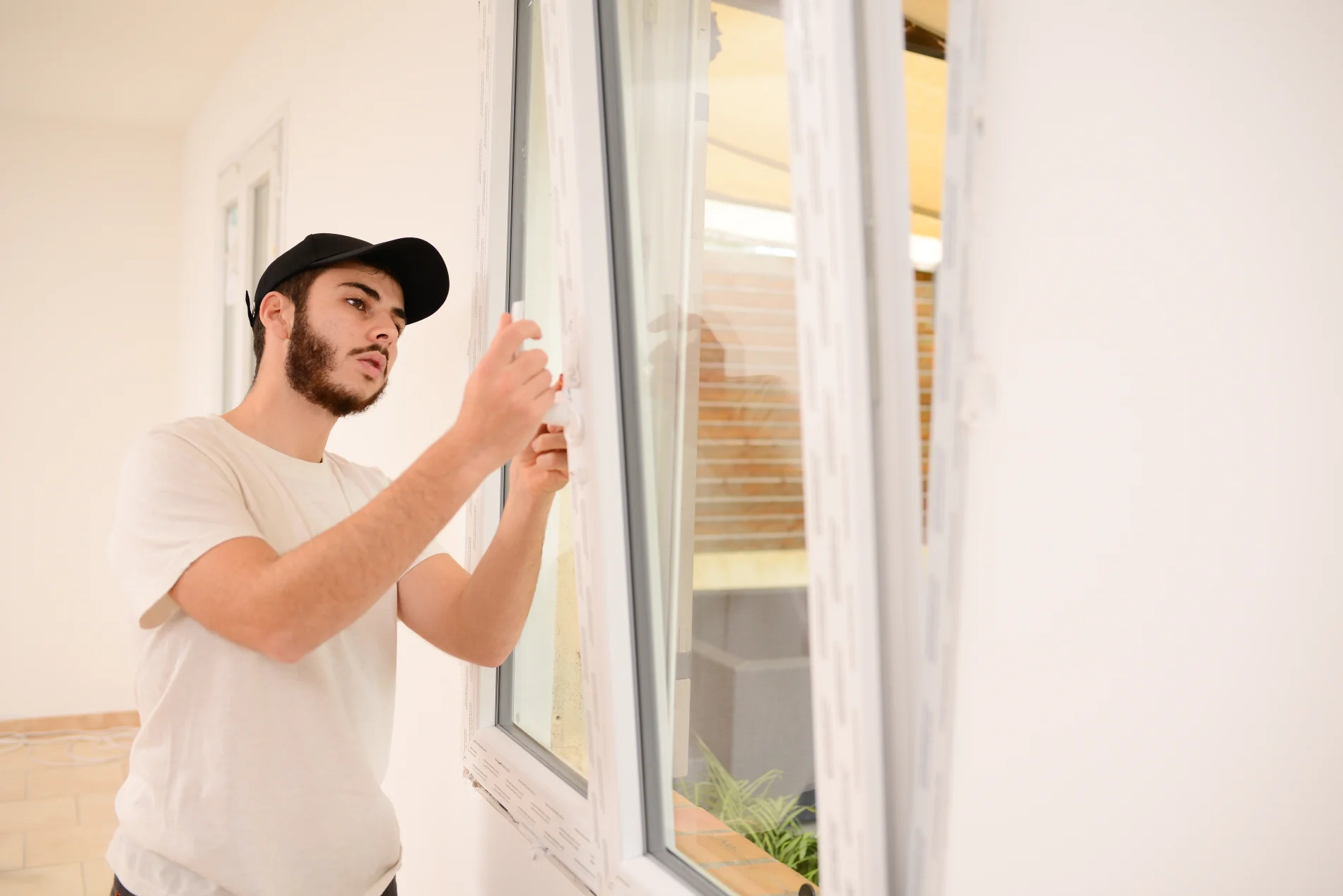 A window installer completes a replacement window project.