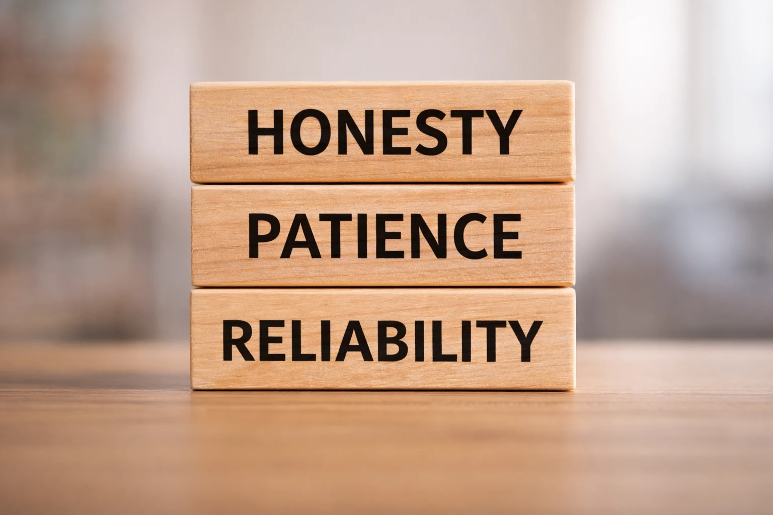 Strong Core Values Equals Stress Free Window Installation Ny And Nj Window King Stacked wooden blocks displaying the words “Honesty,” “Patience,” and “Reliability,” symbolizing strong core values and trustworthy service.