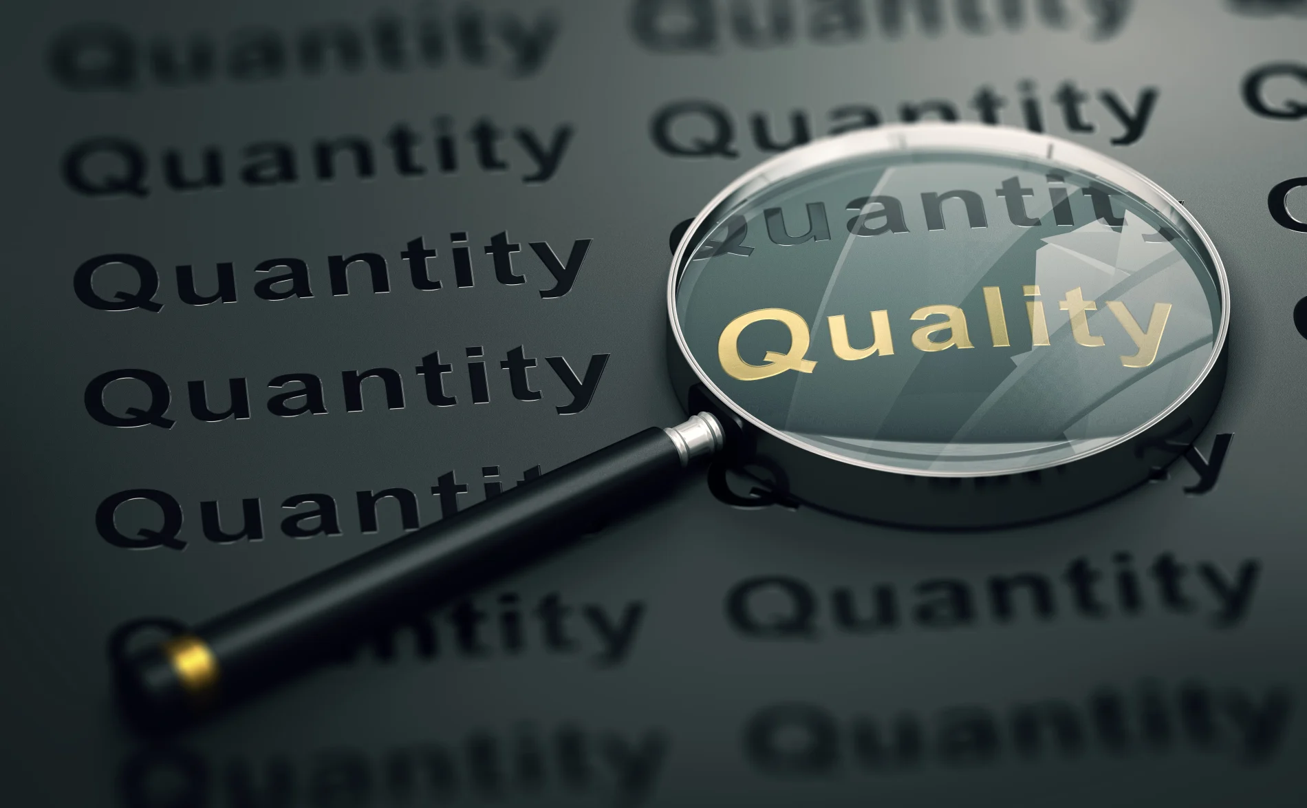 Superior Window Replacement Products That Fit Your Budget | NY Metro Area | Window King Close-up of a magnifying glass highlighting the word “Quality” in gold letters against a dark background filled with the repeated word “Quantity.