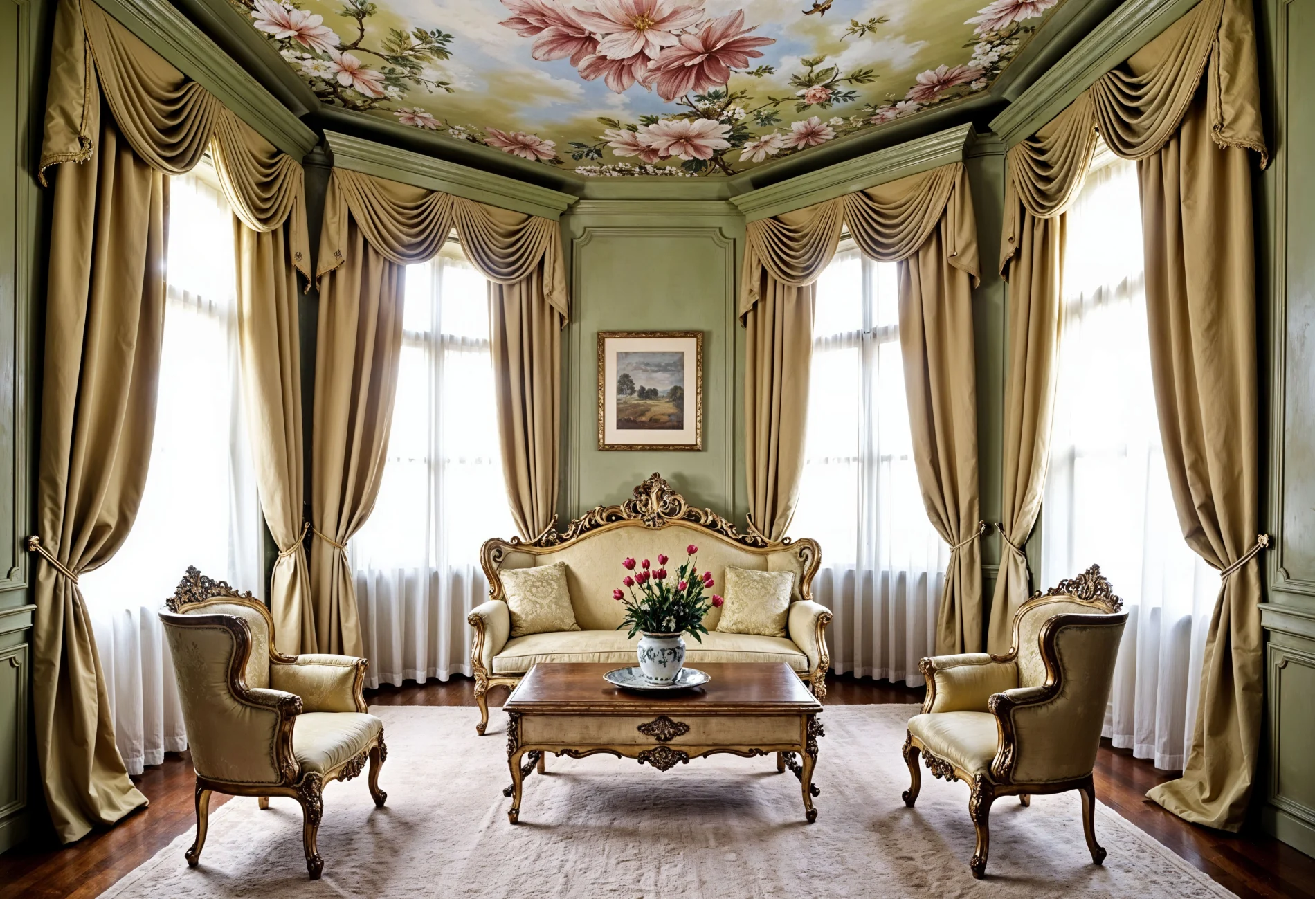What Royal Treatment Means For Your Windows | Tri-State | Window King Elegant, vintage-style sitting room with ornate gold-framed sofa and armchairs around a wooden coffee table, and tall draped windows.