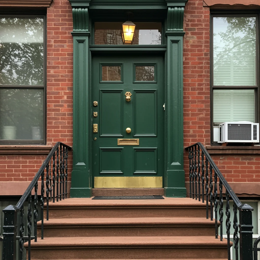 A dark green front door with brass hardware and a transom window, framed by ornate trim on a brownstone with stoop railings.