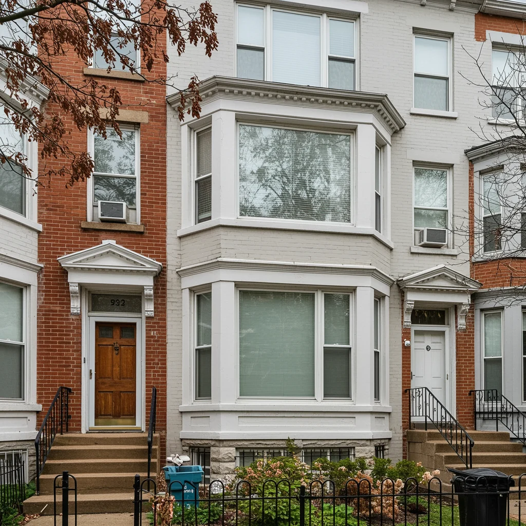 Energy-efficient replacement windows installed in a historic brick townhouse with bay windows.