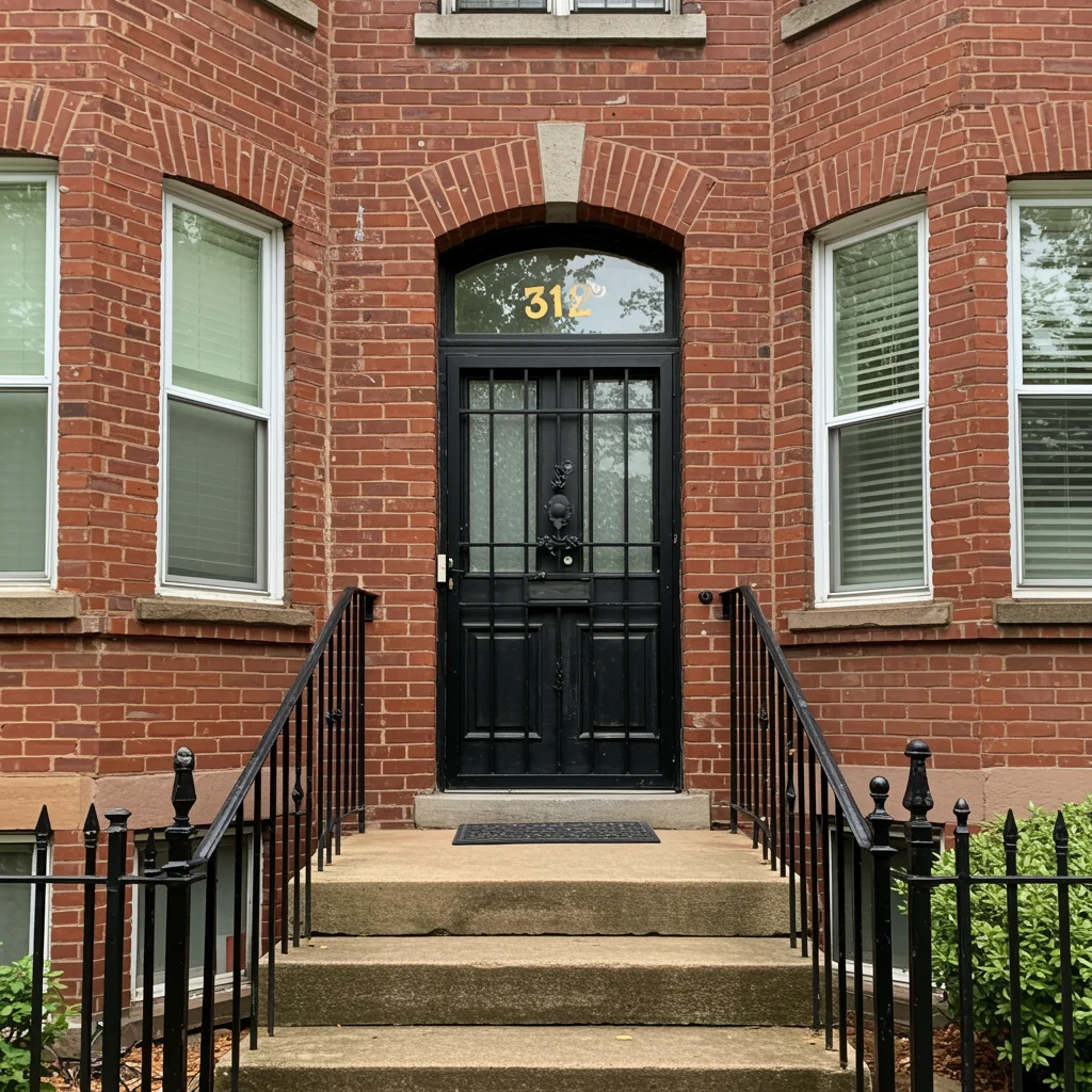 Elegant black front entry door with matching replacement windows on a historic brick townhouse.
