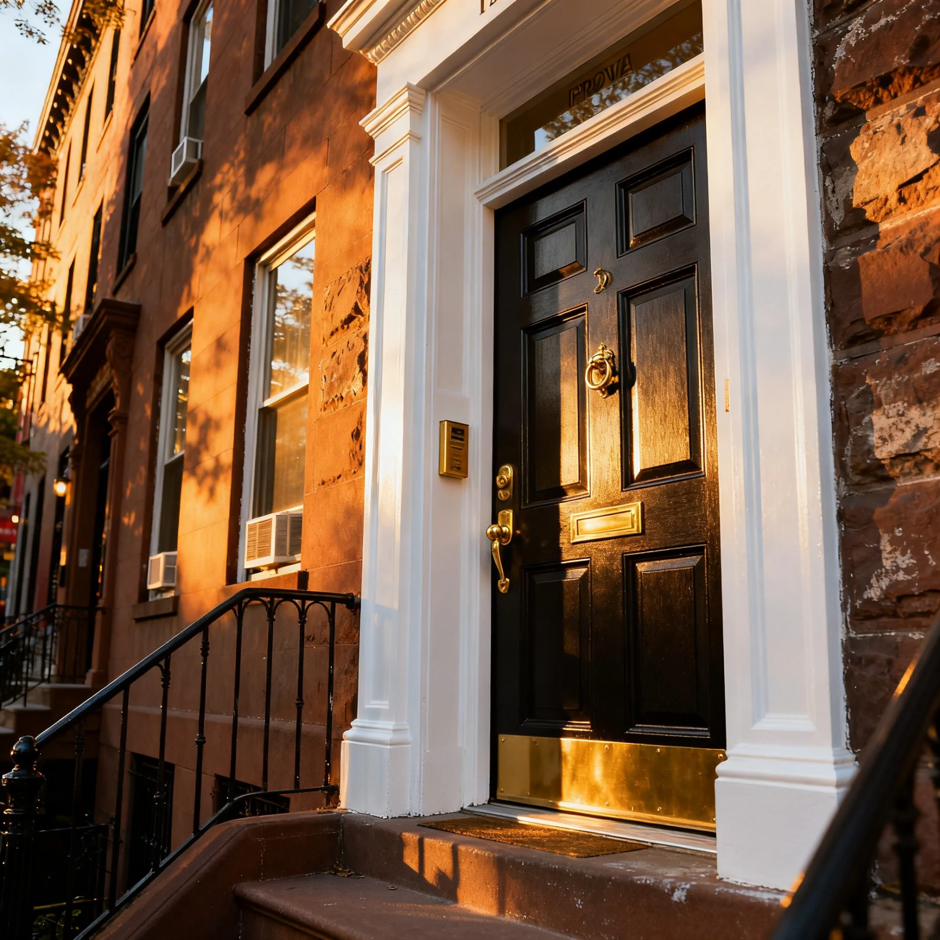 An elegant black front door with brass hardware and white trim on a brownstone entry, lit by warm late-afternoon sunlight.