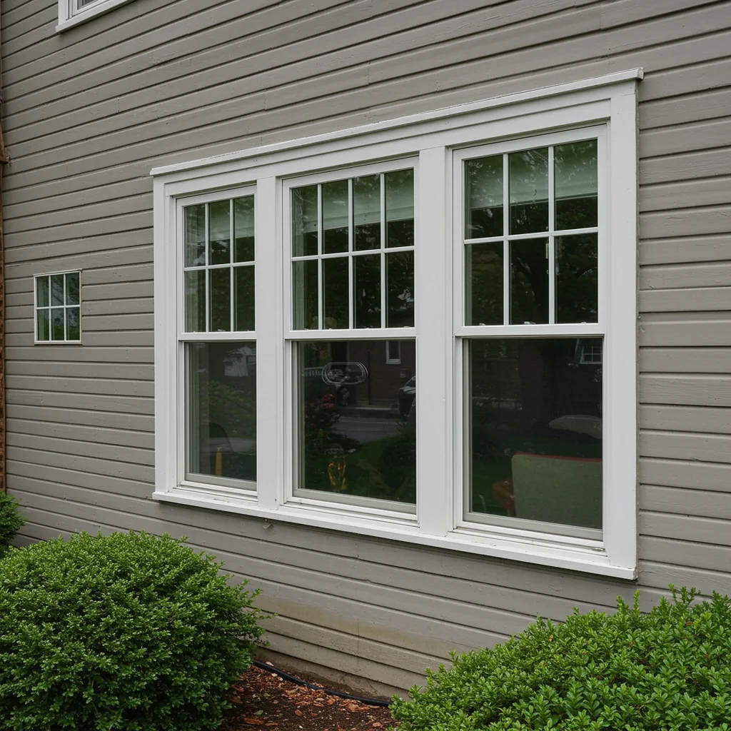 Triple double-hung replacement windows with decorative grids installed on a home exterior, showcasing energy-efficient design and clean white trim.
