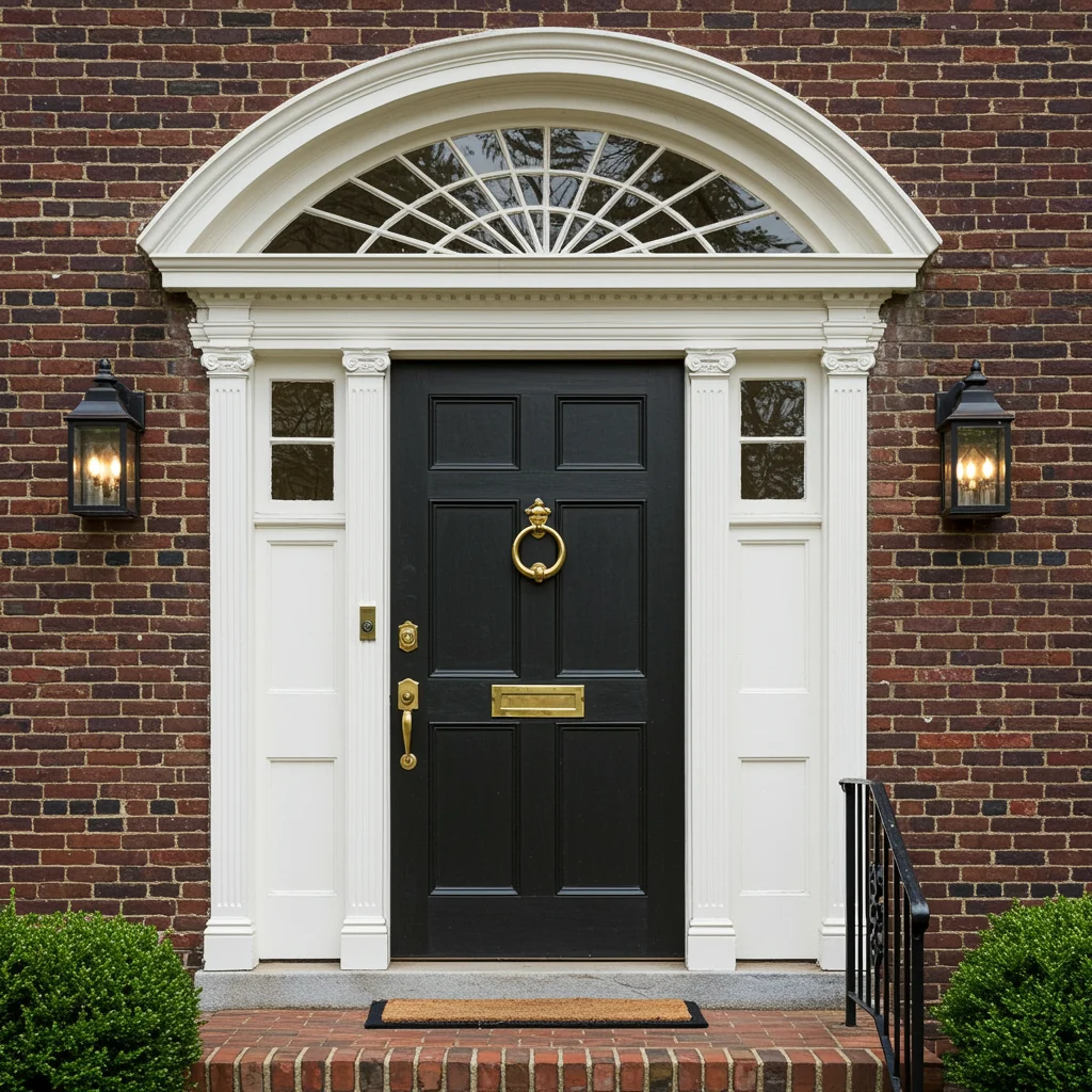 Elegant black replacement front door with decorative brass hardware, sidelights, and arched transom window set within a classic brick home entry.