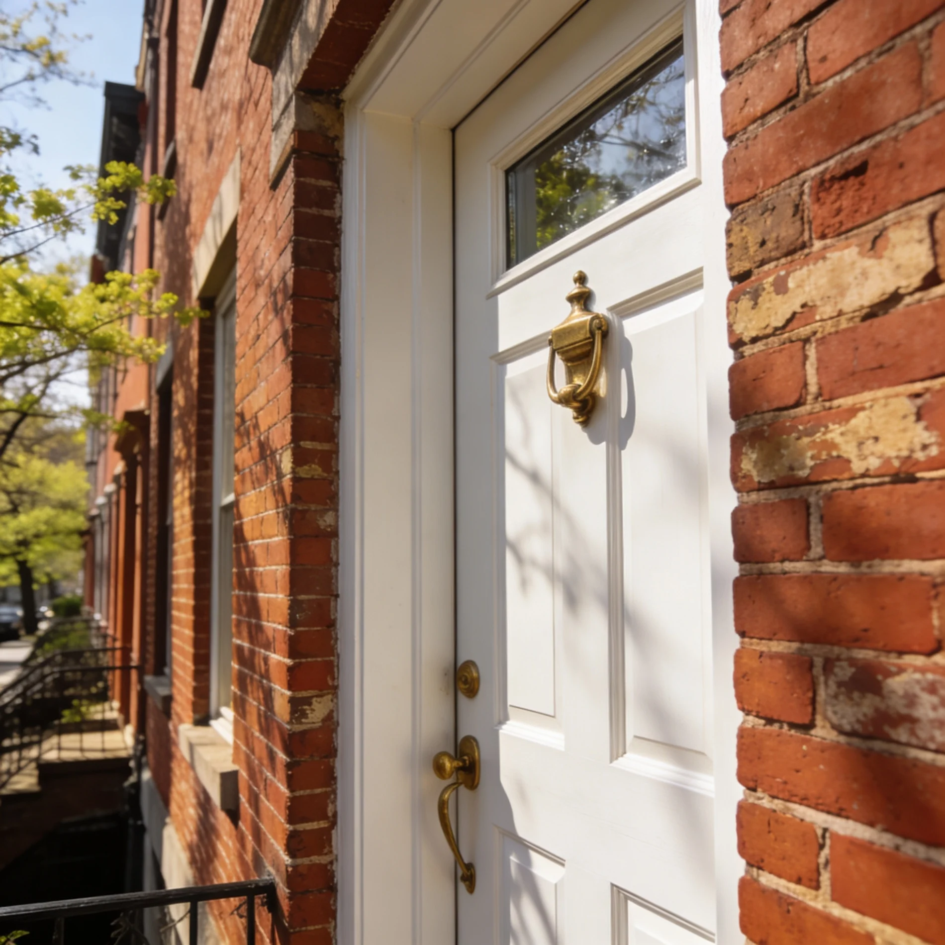 White front entry replacement door with brass hardware installed in a historic brick rowhome.