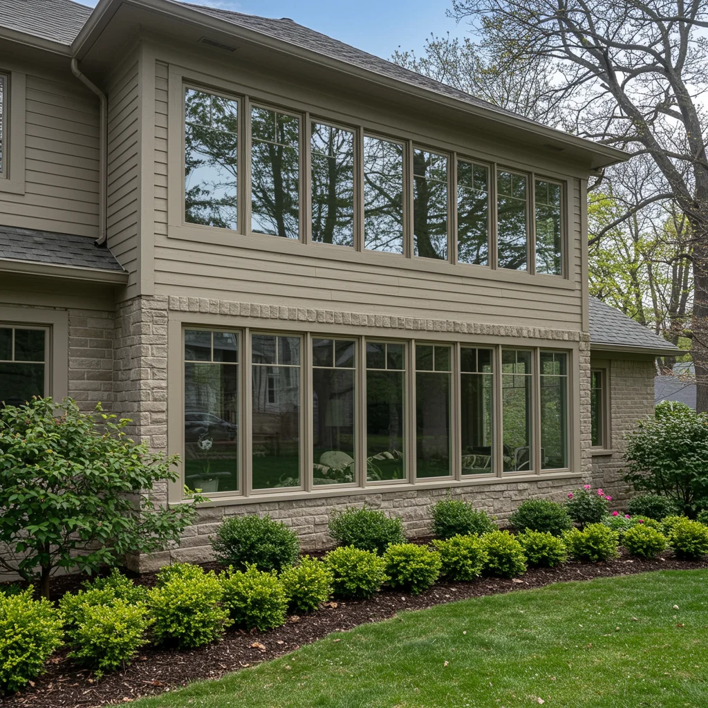 Large custom replacement windows installed across a two-story home exterior, showcasing expansive glass views, energy efficiency, and elegant curb appeal.
