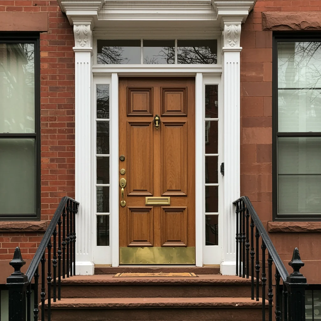 High-quality wood front entry replacement door with sidelights installed on a brownstone.