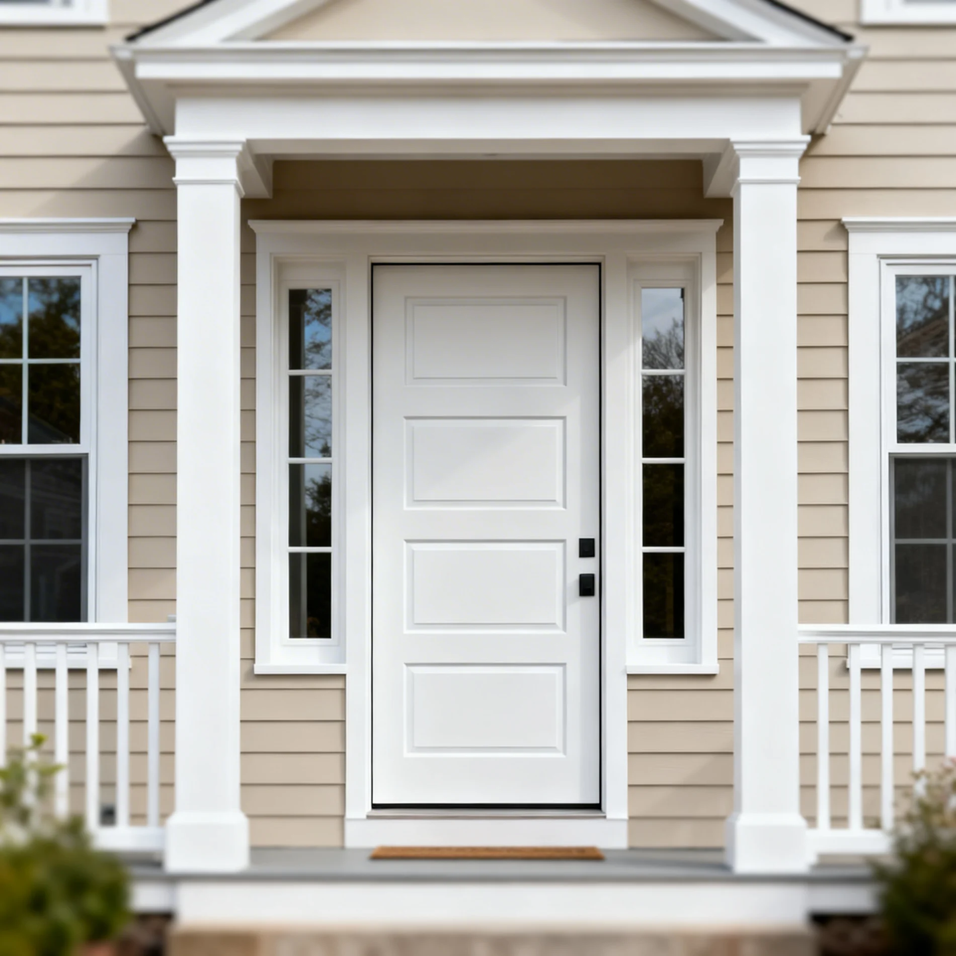 A white front entry door with narrow sidelights, framed by a covered porch with white columns and beige siding.