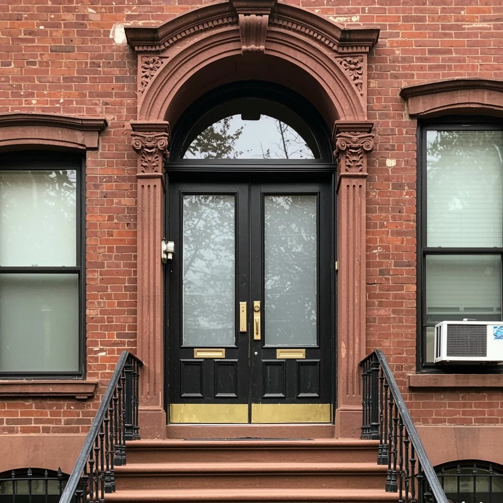 A black double-entry door with brass hardware beneath an ornate arched brownstone surround on a brick townhouse exterior.
