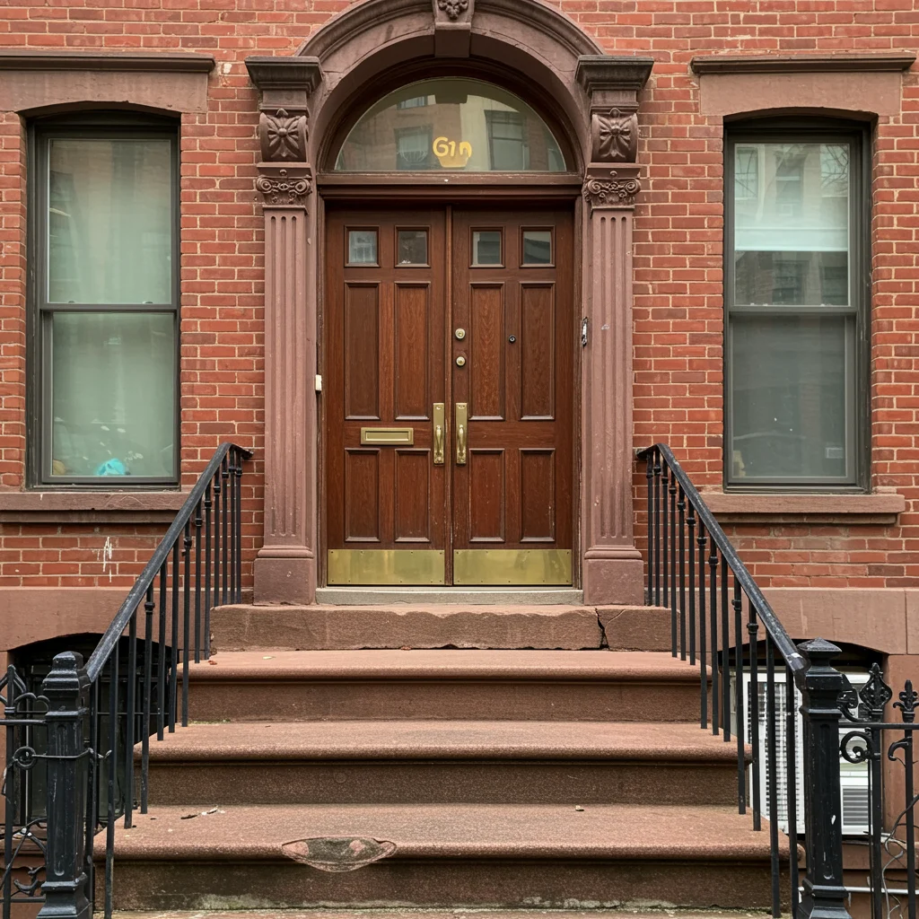 A pair of wooden double-entry doors with brass hardware beneath an arched brownstone surround on a brick townhouse with stone steps and black railings.