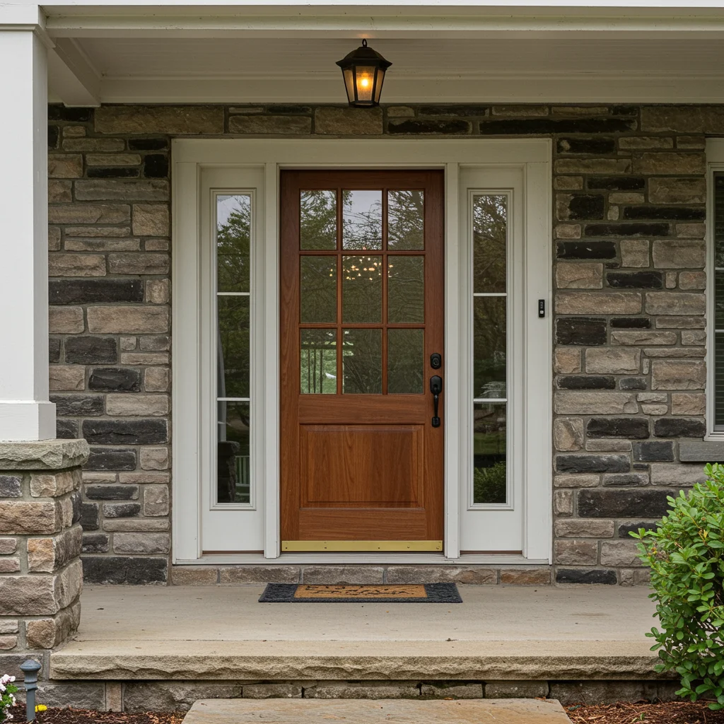 A wood front entry door with divided-light glass, narrow sidelights, and black hardware, set in a stone-faced home beneath a covered porch light.
