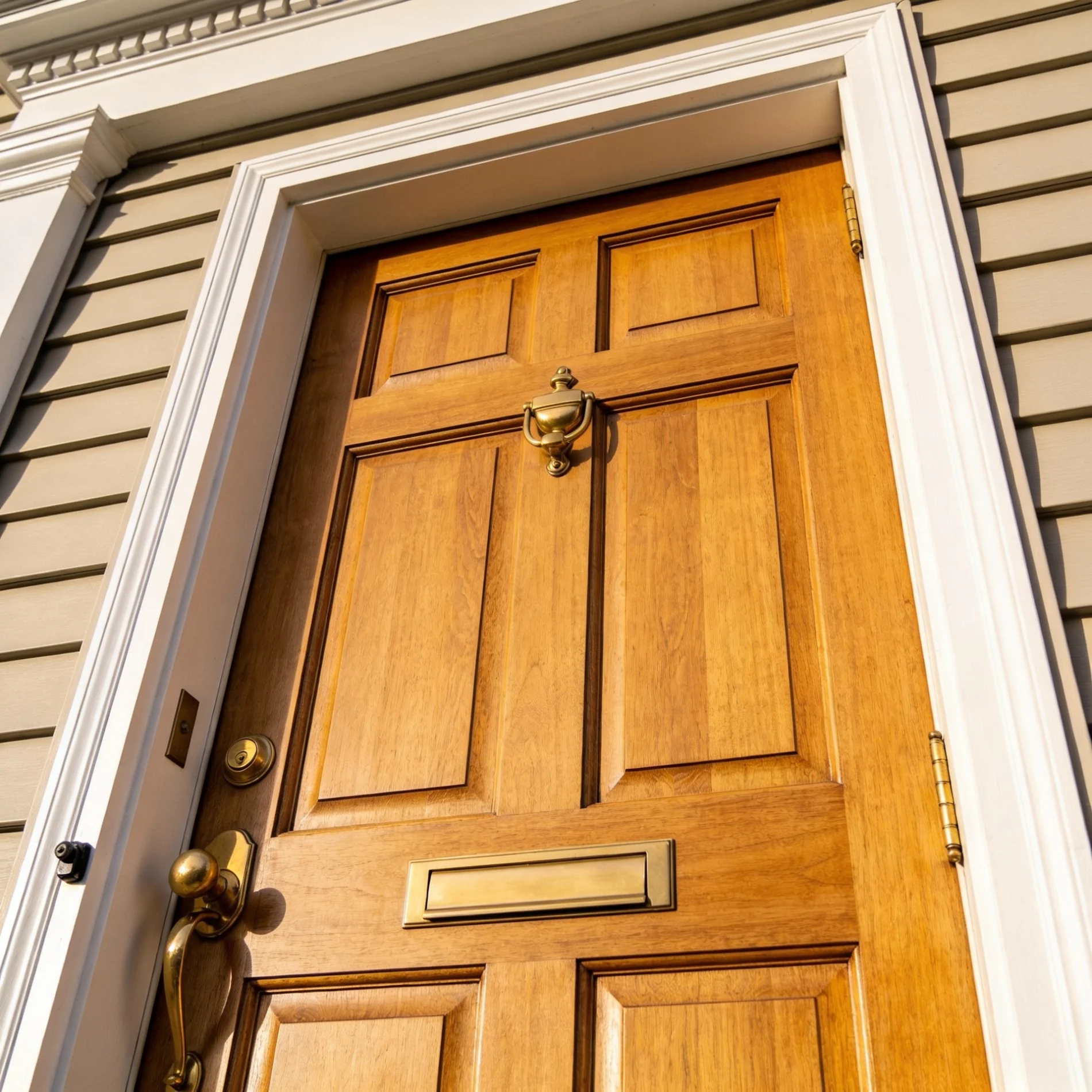 Wood-look replacement front door with decorative brass hardware and classic panel detailing.