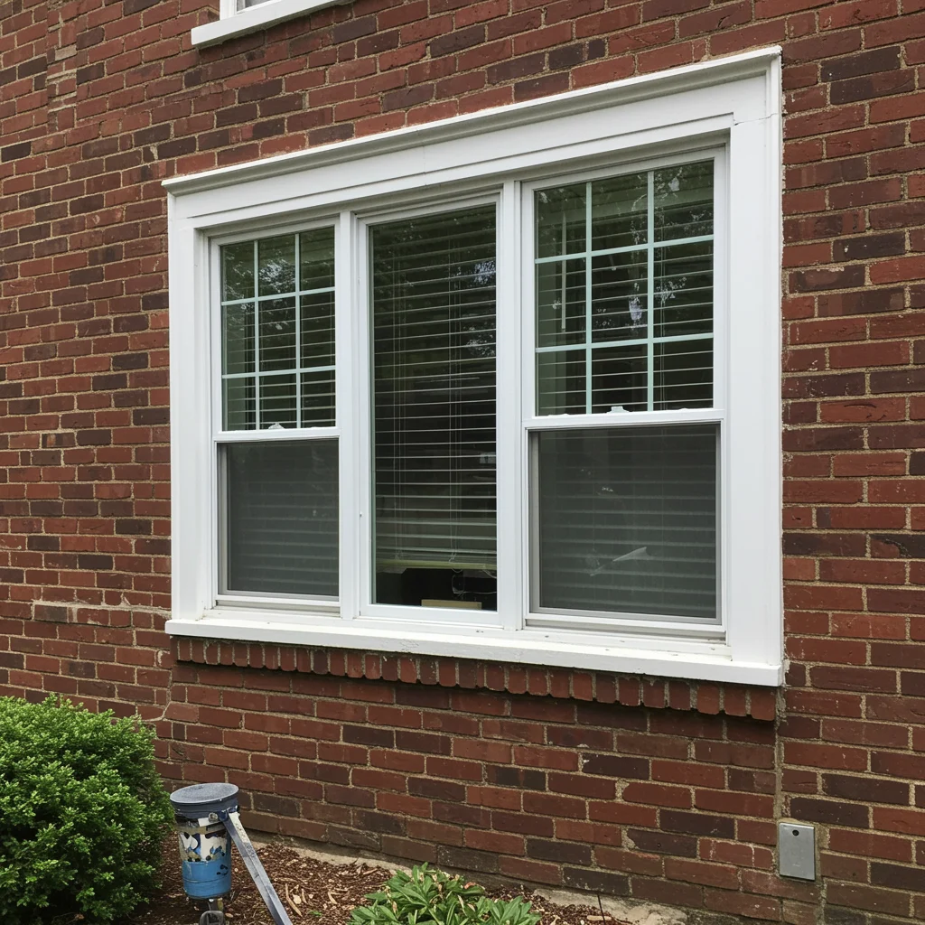 White double-hung replacement windows installed in a brick home exterior.