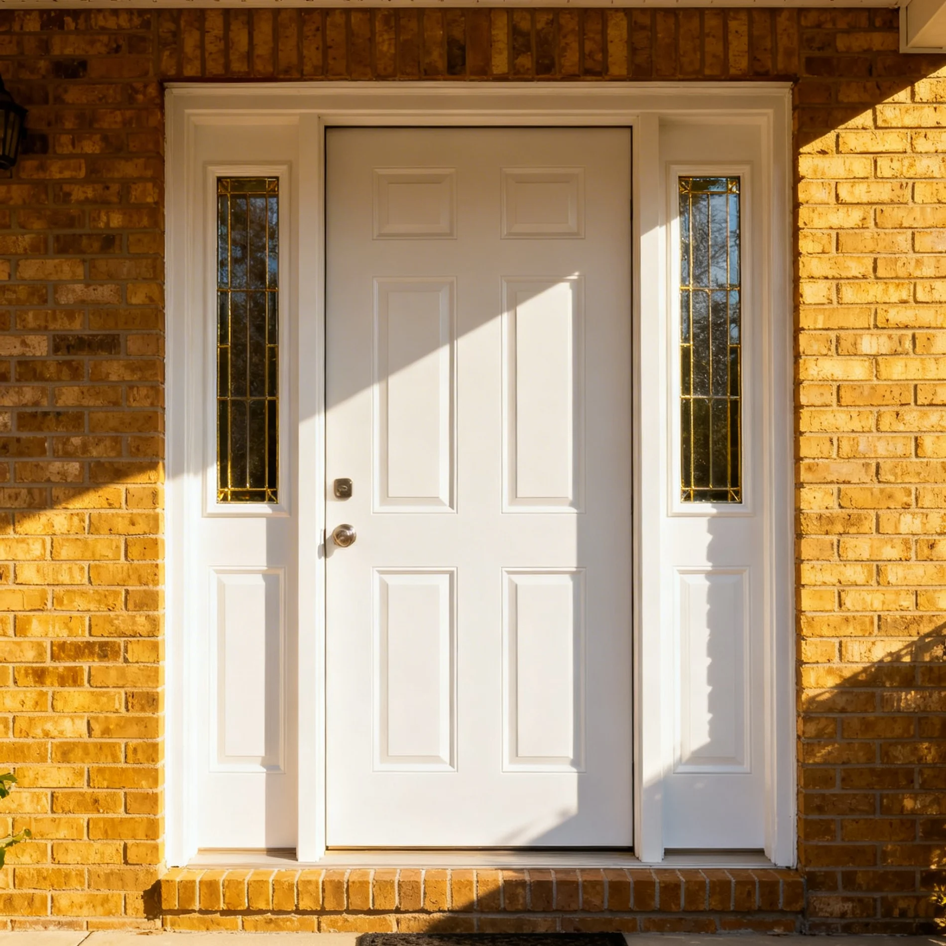 A white front entry door with decorative glass sidelights, installed in a brick home exterior and lit by warm afternoon sunlight.