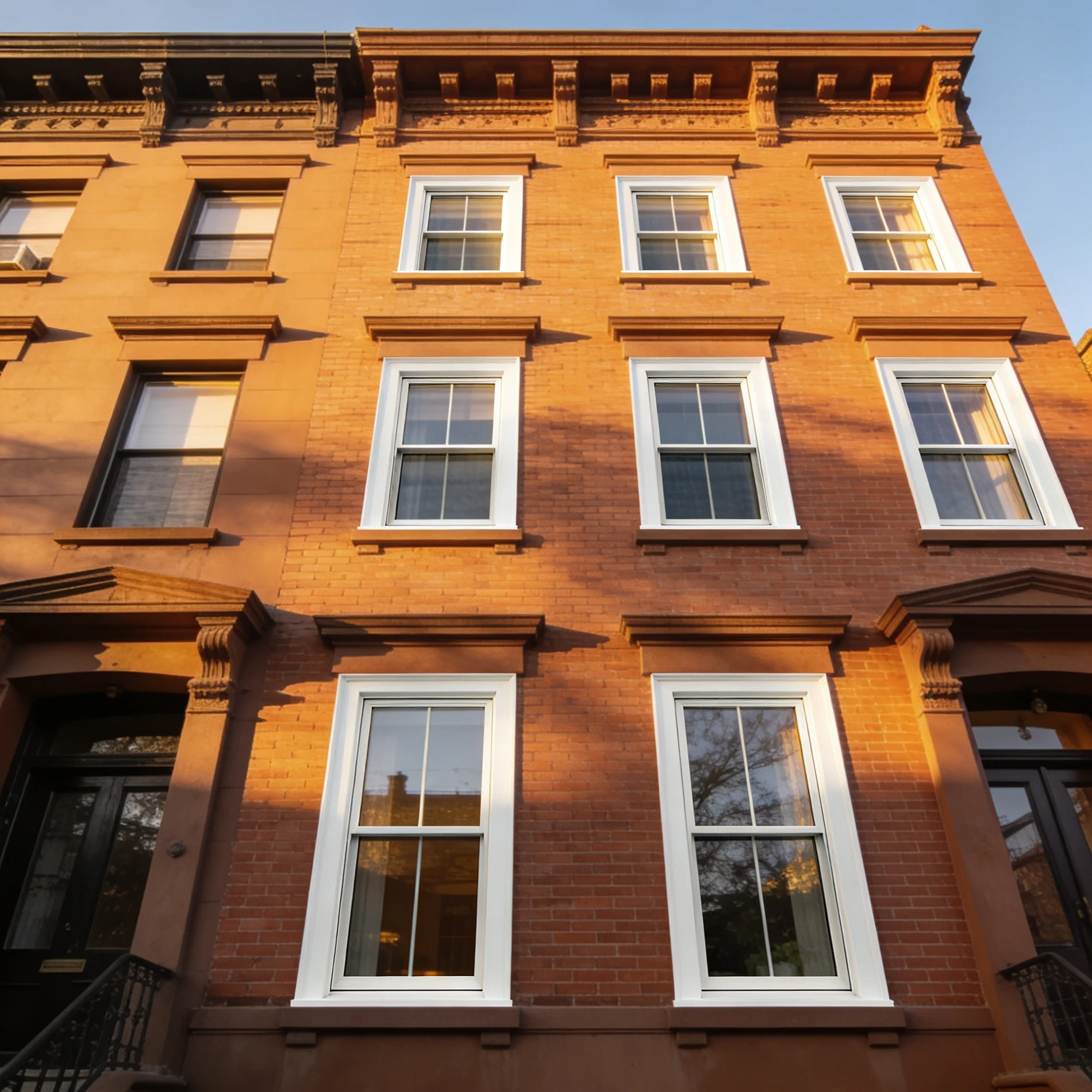 Energy-efficient replacement windows installed in a classic brownstone
