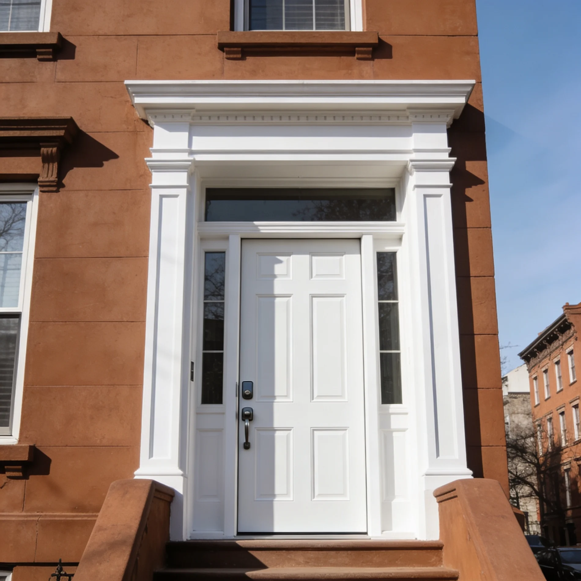 White replacement entry door with sidelights and transom window installed on a historic brownstone
