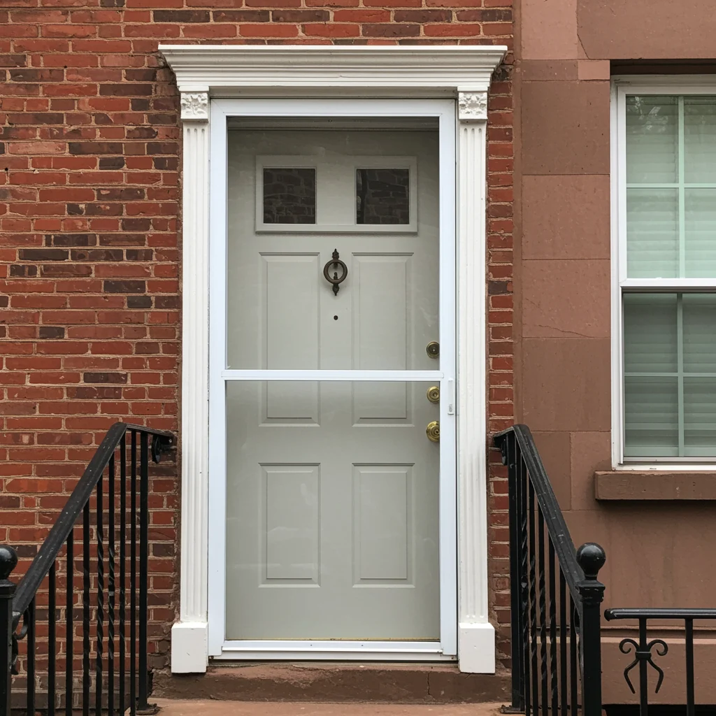A white front entry door with small upper windows and a storm door, framed by decorative white trim on a brick townhouse with black railings.