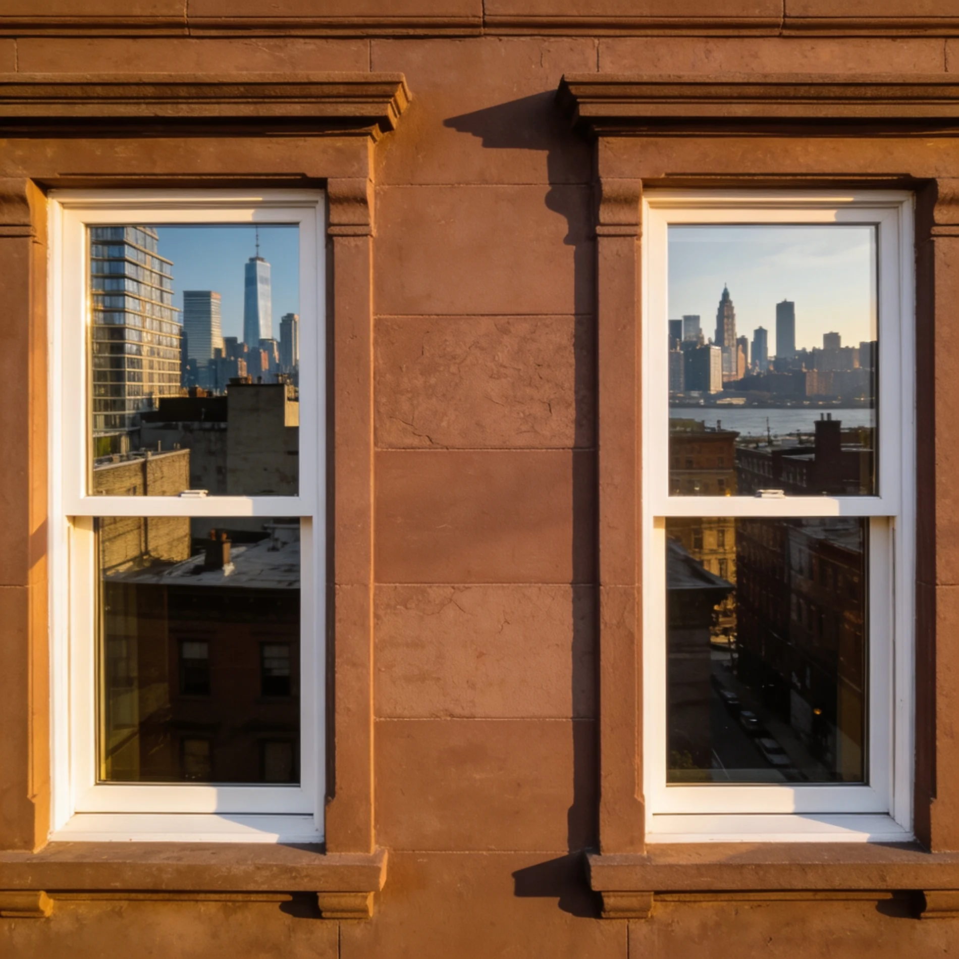 Close-up of two white replacement windows set in a brownstone facade.