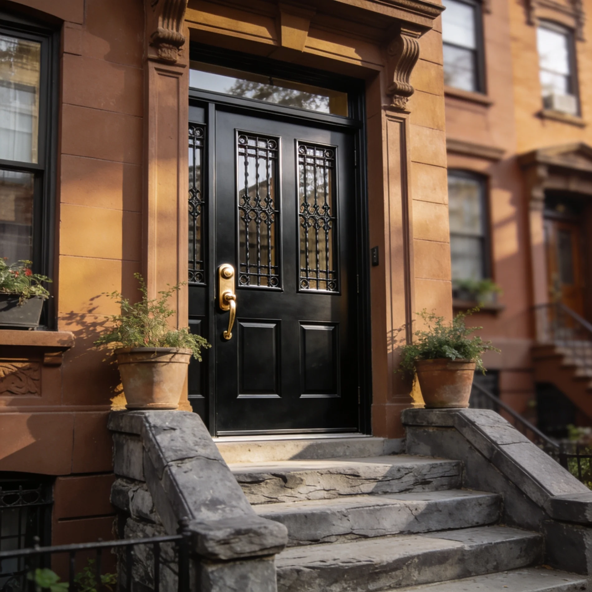 Elegant black front entry replacement door with decorative glass inserts installed on a historic brownstone.