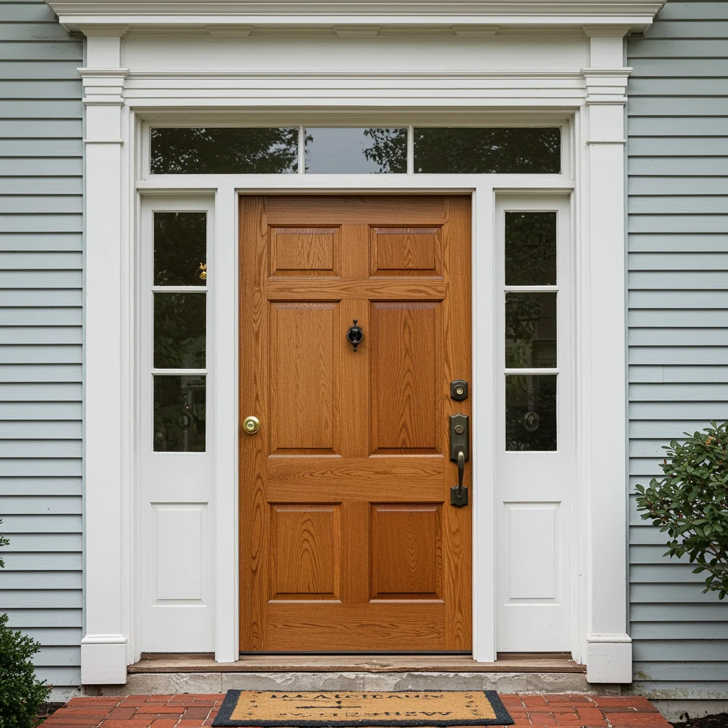 Wood-grain front entry replacement door with sidelights and transom window, framed by decorative trim for a classic, elegant residential entrance.