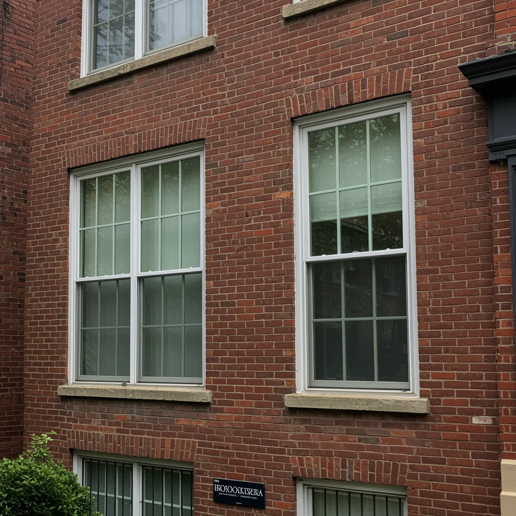 White double-hung replacement windows installed in a classic brick townhouse.