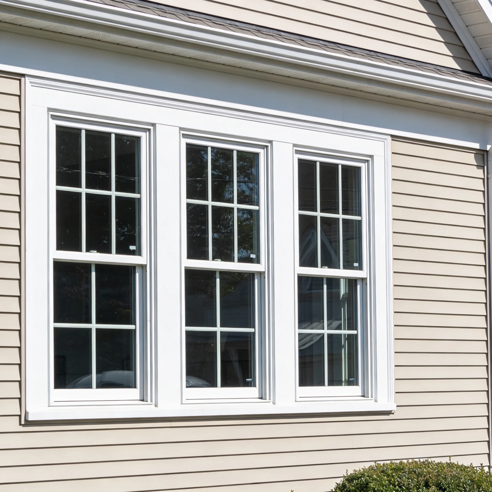 Triple double-hung replacement windows with decorative grids installed on a home exterior.