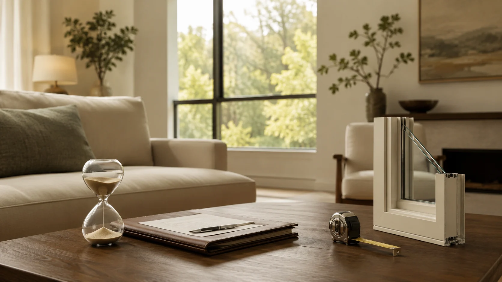 Bedside Manner Window Company No-Pressure Consultation | Tri-State Area | Window King Hourglass, folder, measuring tape, and window sample on a coffee table symbolize Window King’s calm, no-pressure consultation.